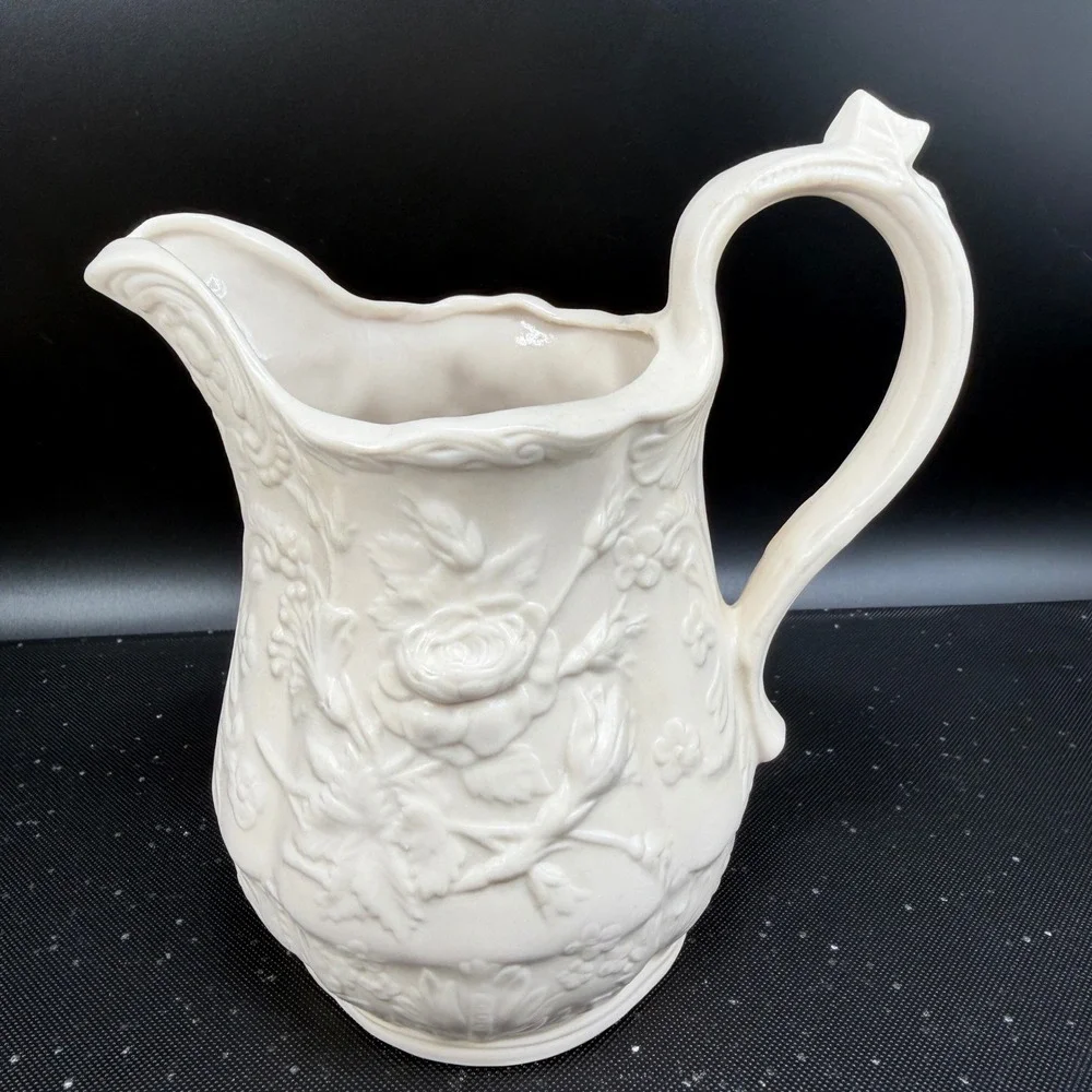 Vintage‎ M Bennett 1974 Embossed Rose Floral Ceramic Pitcher Cream White Signed